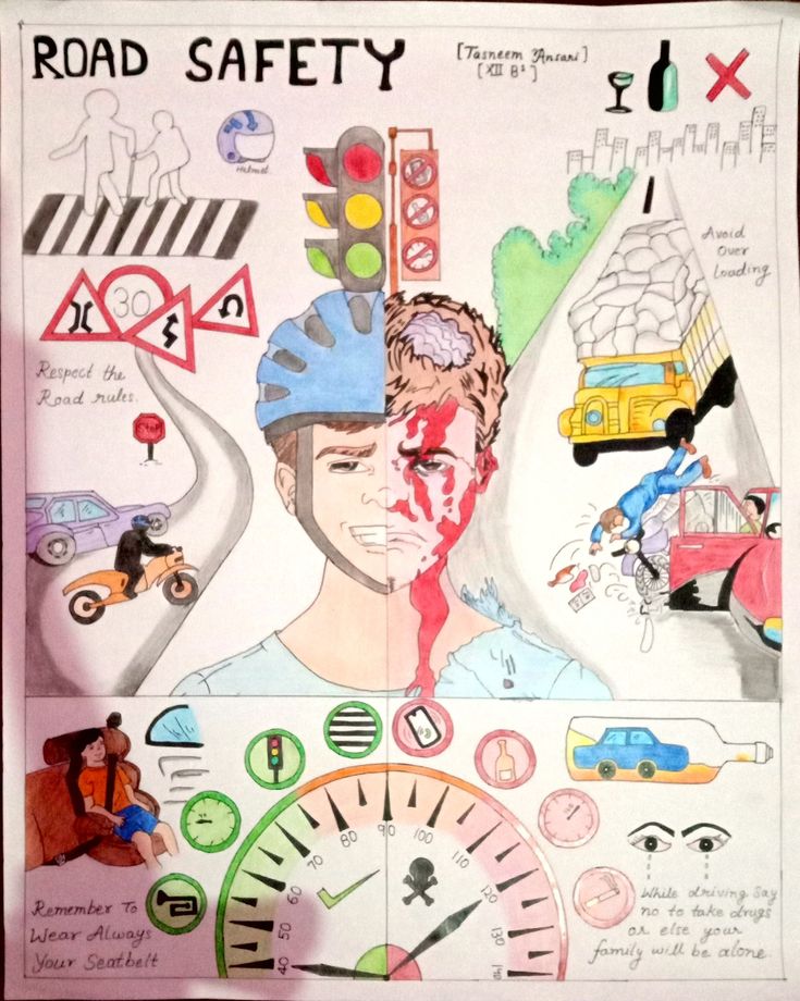 a drawing of a man with his head in the middle of traffic and road safety