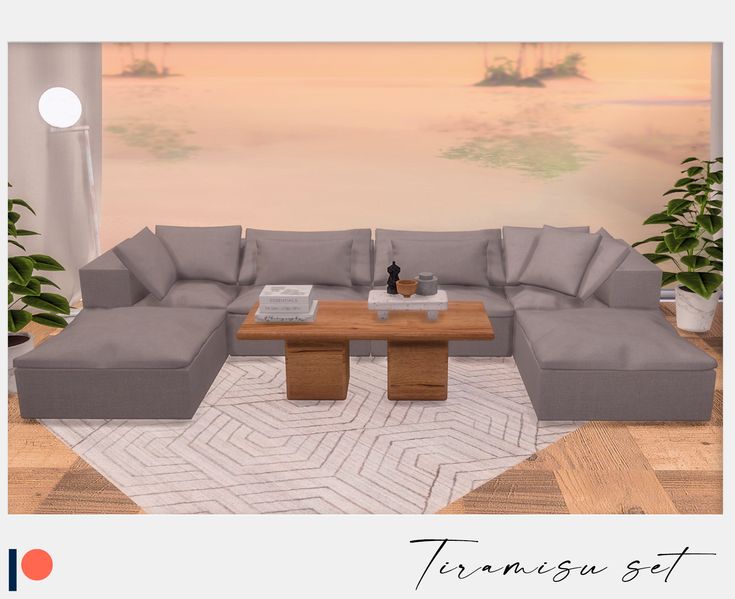 a living room with a couch, coffee table and potted plant in front of the wall