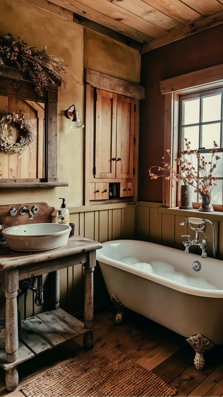 an old fashioned bathtub and sink in a rustic bathroom