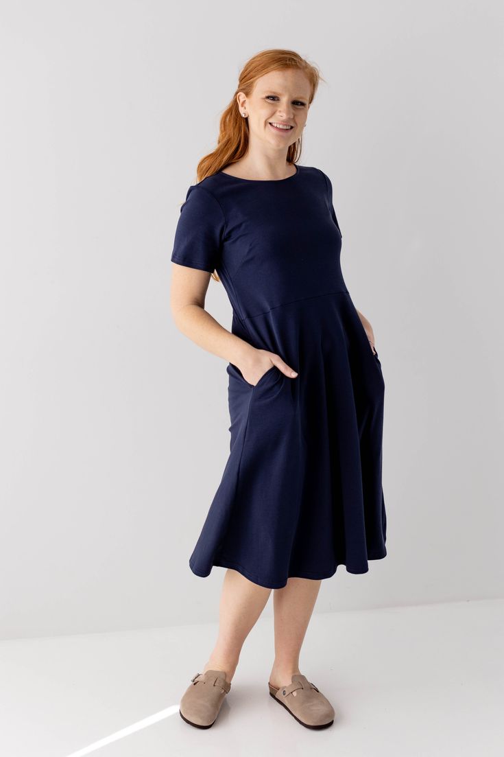 Meet the 'Marianne', a simple and chic cotton blend dress that should have a spot in any closet. Featuring a flattering fit & flare silhouette and comfortable cotton blend material, this dress is perfect for everyday wear or an elevated evening look! Pair with your favorite pair of white sneakers for a casual brunch look, or pair with low heels and a clutch for a date night ensemble. Exclusively designed by us with you in mind! 95% Cotton 5% Spandex Hand Wash in Cold Water Do Not Bleach Hang or Lay Flat to Dry Iron on Low Heat Do Not Dry Clean Unlined, quality cotton fabric. No need to layer! Model Height 5'6" | Wearing Size Small Model Height 5'8" | Wearing Size 1X Please carefully measure a similar item before placing your order to allow for the best fit and also to reduce the risk of re Cotton Fit And Flare Dress For Daywear, Cotton A-line Fit And Flare Midi Dress, Cotton Fit And Flare Midi Dress, Chic Cotton Fit And Flare Dress, Classic Cotton Knee-length Midi Dress, Classic Cotton Midi Dress For Fall, Classic Knee-length Cotton Midi Dress, Cotton Stretch Midi Dress For Daywear, Stretch Cotton Midi Dress For Daywear