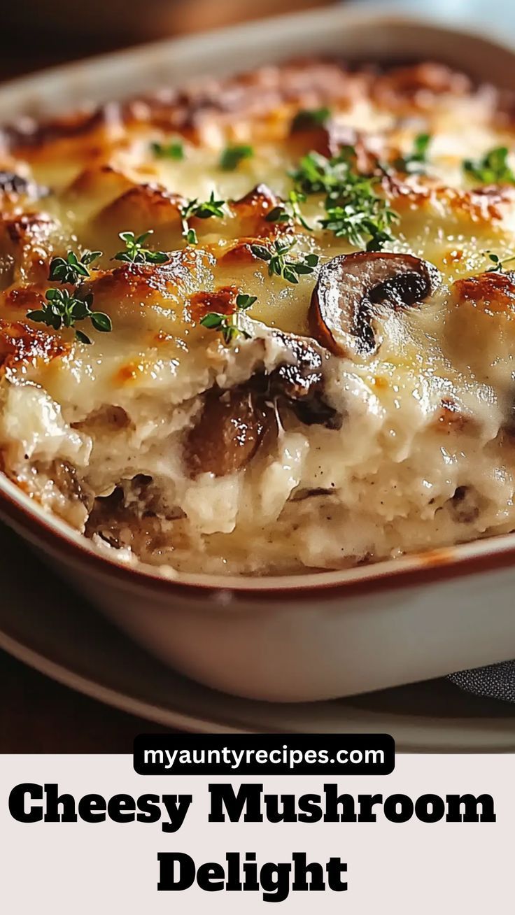 a casserole dish with cheese and mushrooms in it on a plate next to the words cheesy mushroom delight