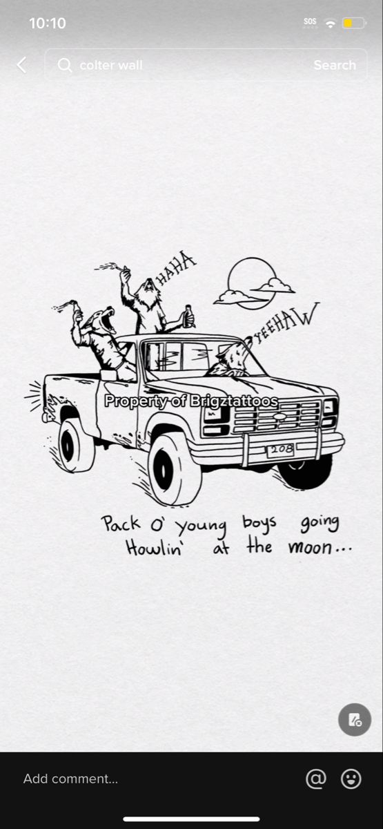 a drawing of a truck driving down the road with two people on top of it