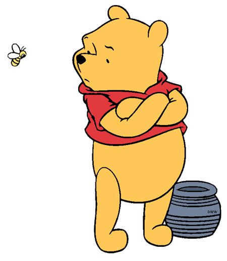 winnie the pooh is standing with his arms crossed in front of a honey pot