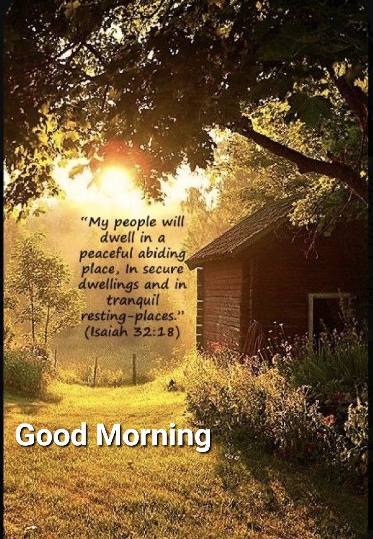 the words good morning are written in front of an image of a barn and trees