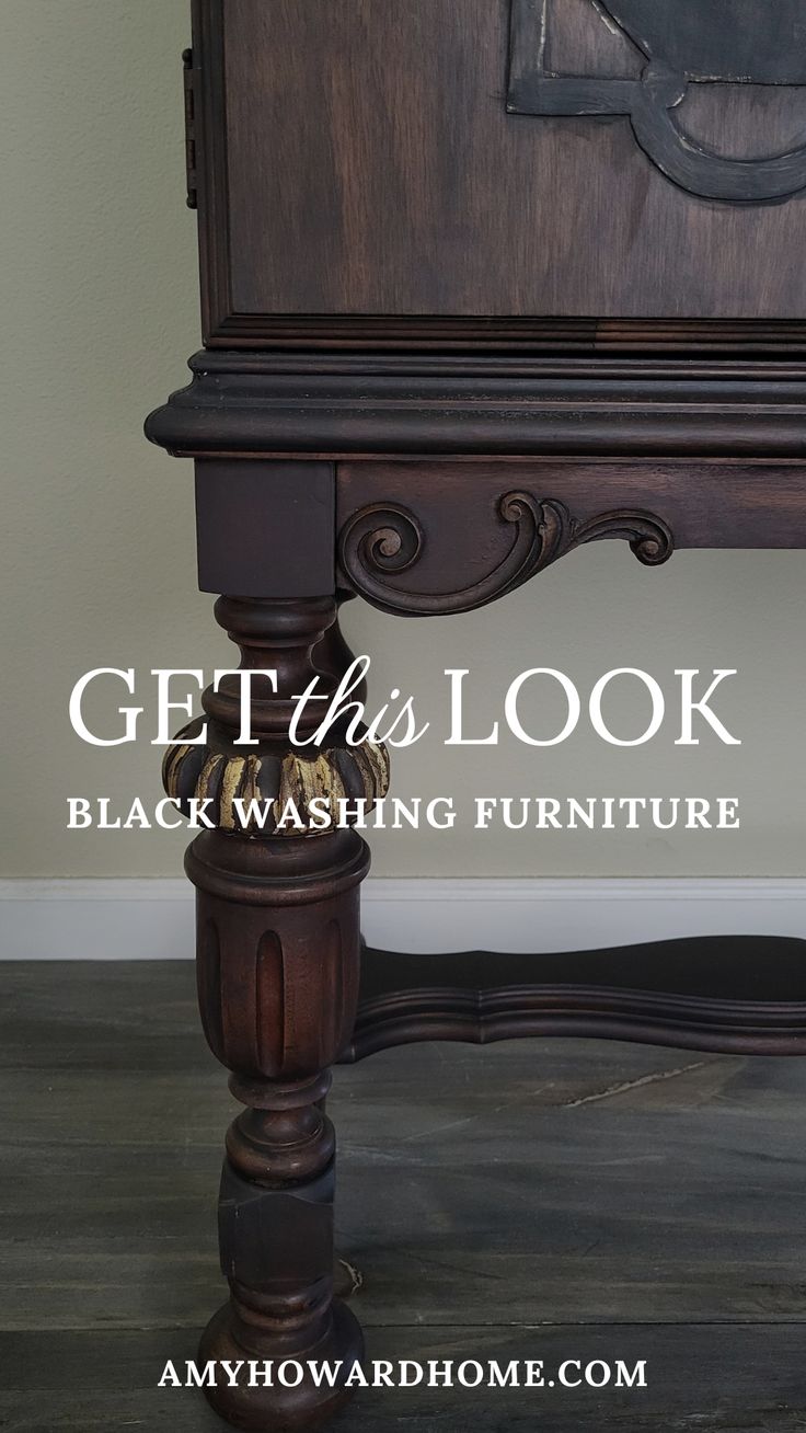 Transform your furniture with a stunning black washed finish! In this video, our talented Artist in Residence, Becky George, demonstrates step-by-step how to achieve this elegant look using Black One Step Paint, Glazed Over, Gold Leaf, Gilding Size, and antiquing wax. Watch now to learn Becky’s expert tips and techniques for adding a sophisticated touch to your furniture pieces. Gold Wax Furniture, Painted Black Furniture Ideas, Black Furniture Painting Ideas, Refinished Office Furniture, Black Wash Dresser, Gold Gilding Wax On Furniture, Dark Wax Over Stained Wood, Refurbished Antique Furniture, How To Black Wash Furniture