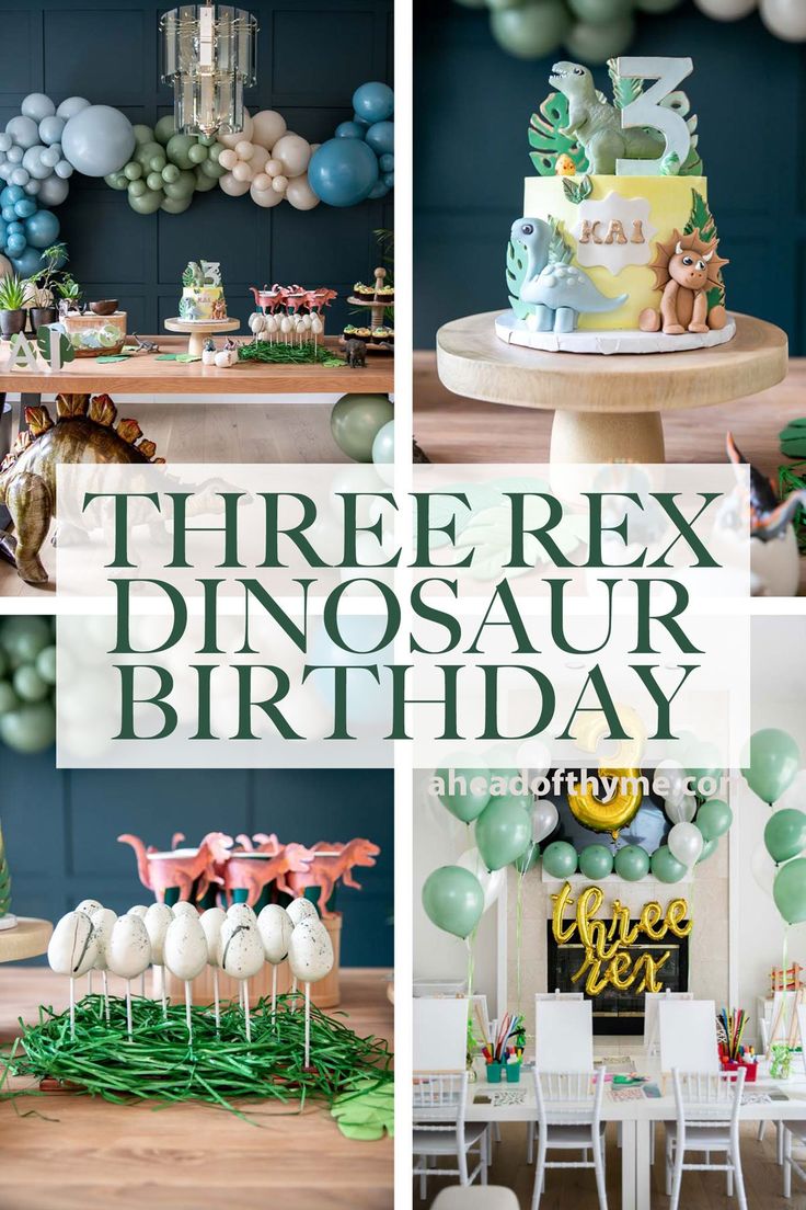 there is a collage of photos with balloons and decorations for a dinosaur birthday party