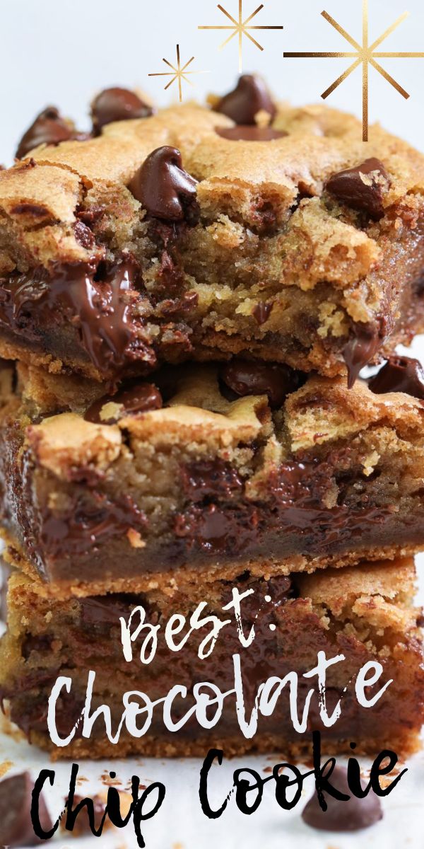 chocolate chip cookies bars stacked on top of each other with the title in the middle