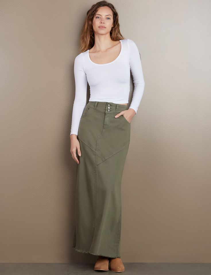 Details of old, made new. Beautiful waist/button detail, with pieced Premium denim construction, the Pieced Denim Maxi Skirt from Wash Lab is a must-own classic. The cover model is 5'9" wearing a size 26 Fabric: 95% Cotton 4% Polyester 1% Spandex Length: 39.25" from waist Dusty Green, Skirt Denim, Denim Maxi, Denim Maxi Skirt, Cover Model, Casual Friday, Green Skirt, Maxi Skirts, Premium Denim