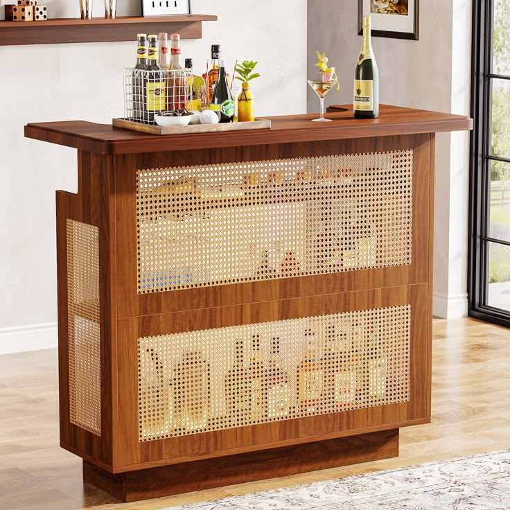 Bar Unit, 4-Tier Rattan Liquor Wine Bar Cabinet with Stemware Racks Tribesigns Home Bar Unit, Home Bar Areas, Home Bar Cabinet, Liquor Bar, Bar Unit, Wine Bar Cabinet, Home Pub, Summer 24, Wine Cabinets