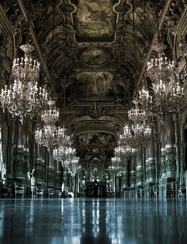 an ornate room with chandeliers and paintings on the ceiling is shown in black and white