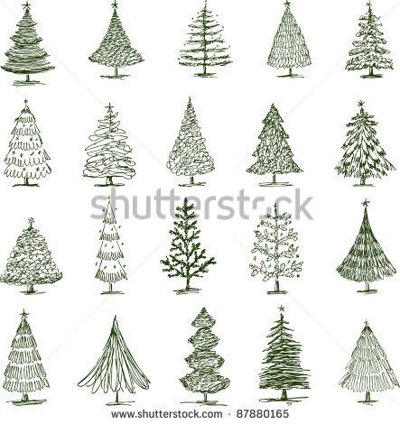 hand drawn christmas trees in various styles and colors on white background, set of twelve