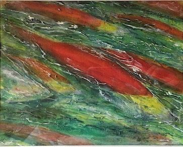 an abstract painting with red, green and yellow colors