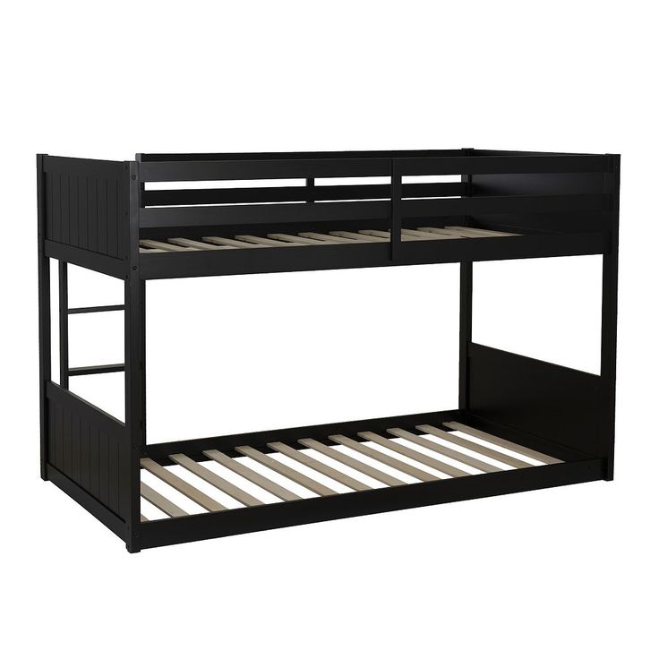 a black bunk bed with white mattresses on the bottom and bottom rails, in front of a white background