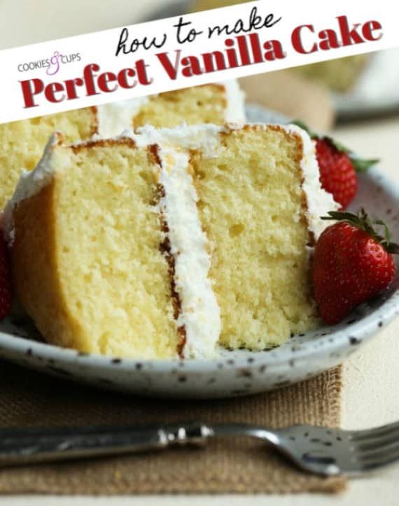 a slice of vanilla cake on a plate with strawberries next to it and the title overlay reads how to make perfect vanilla cake