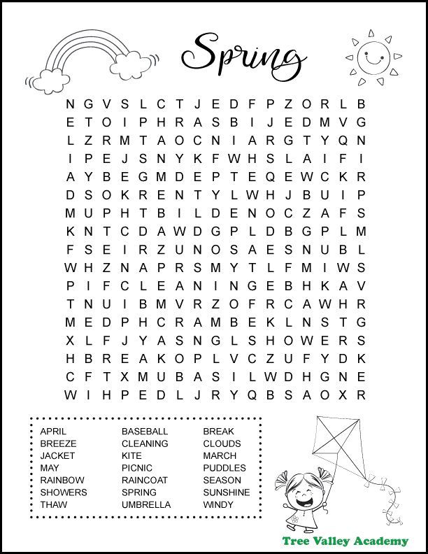 the spring word search is shown in black and white with an image of a rainbow