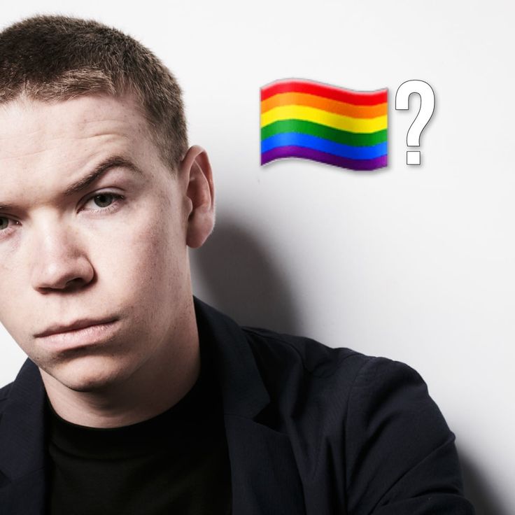 a man with a rainbow flag and question mark above him