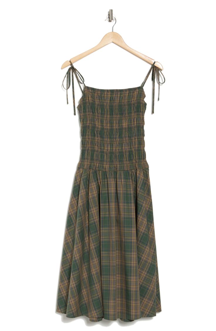 A smocked bodice and tied straps lend trend-right charm to this midi dress patterned in rich plaid. 47" length Slips on over head Square neck
 Adjustable tie straps Partially lined 100% cotton Hand wash, line dry Imported Casual Smocked Midi Dress With Tie Straps, Casual Midi Length Smocked Dress With Tie Straps, Plaid Midi Dress With Smocked Bodice, Sleeveless Plaid Dress With Smocked Bodice, Casual Plaid Ruched Dress, Casual Ruched Plaid Dresses, Casual Plaid Smocked Dress With Smocked Back, Casual Plaid Smocked Dress, Tie Strap Midi Dress