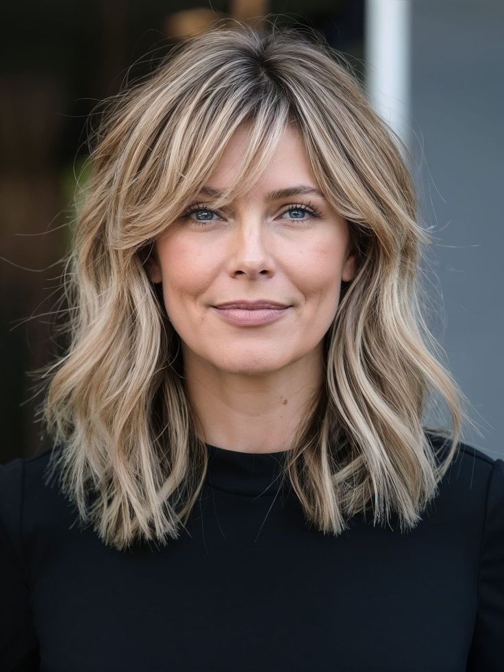 Shoulder Length Hair Blonde Layers, Shoulder Length Hair With Layers Blonde, Shoulder Length Haircut Blonde, Bob Hairstyles For Fine Hair With Bangs, Shoulder Length Hair With Wispy Bangs, Bangs For Oval Face Shape, Mid Length Bob With Bangs, Blonde Balayage With Bangs, Layered Hair Shoulder Length