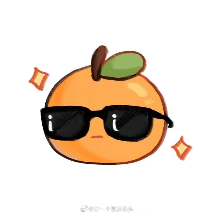 an orange with sunglasses and a green leaf on it's head, wearing shades