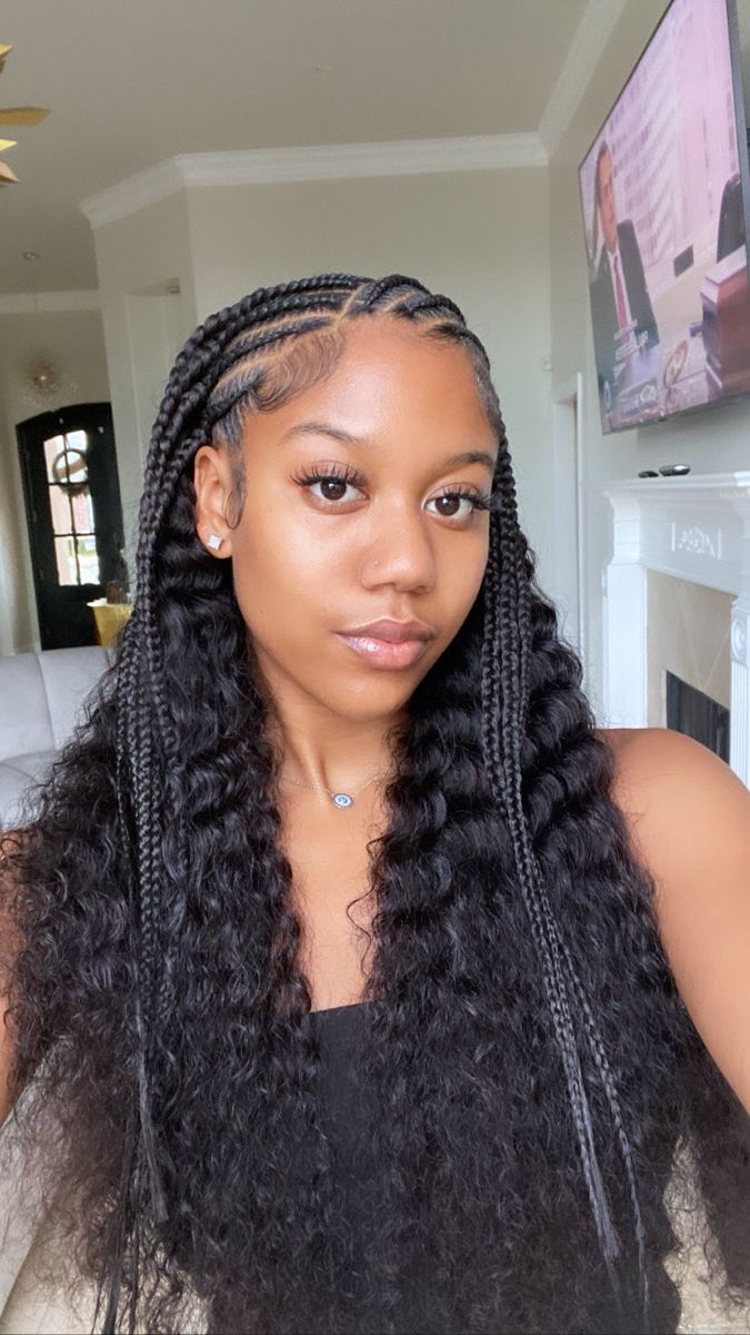 Braid Up Down Hairstyles, Cornrows With Loose Hair, Braided Front And Curly Back, Fulani Braids With Hair Out, Feed In Braids Sew In Back, Hair Styles For Long Hair With Braids, Cornrows With Bohemian Braids, Braids In Front Curls In Back Natural Hair, Canerow Front And Sew In Back