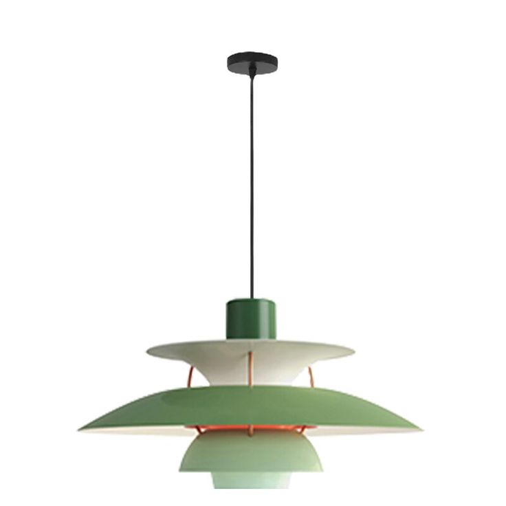 a green and white pendant light hanging from a ceiling fixture with two lights on each side