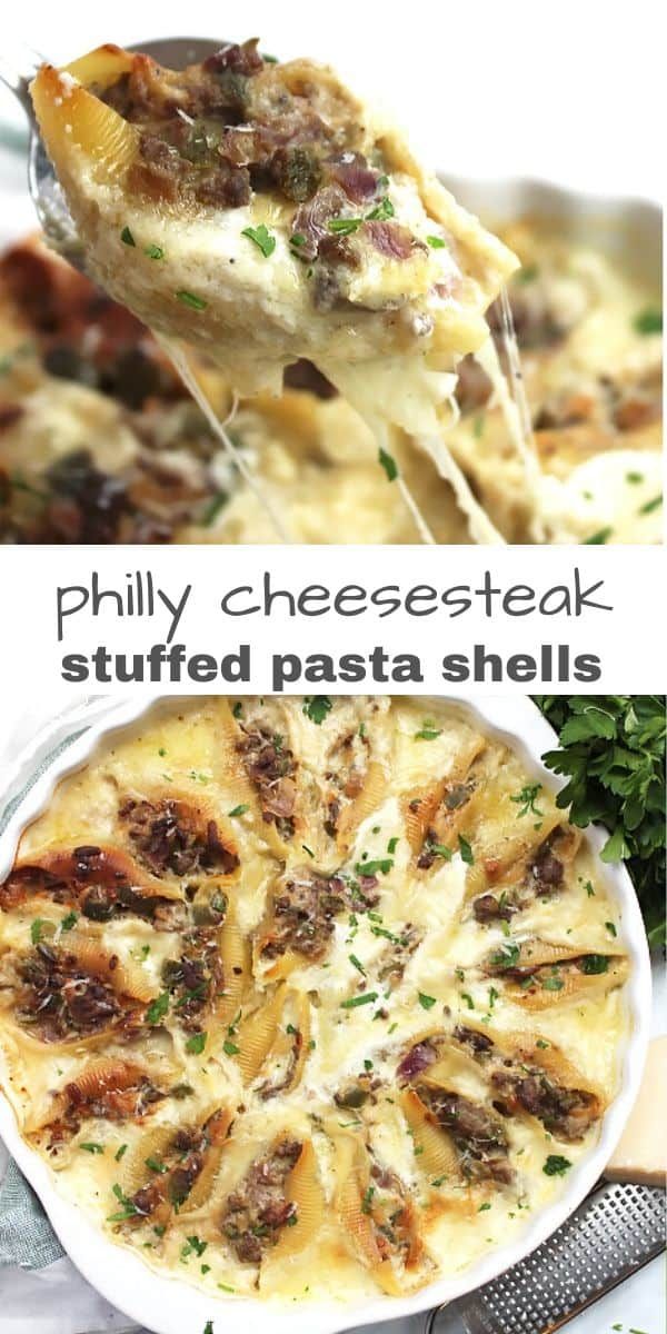 three different types of food are shown in this collage with the words, phily cheesesteak stuffed pasta shells