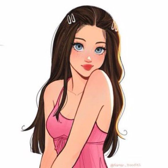 a drawing of a woman with long brown hair and blue eyes wearing a pink dress