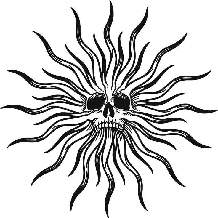 a black and white drawing of a skull with sun rays coming out of it's eyes