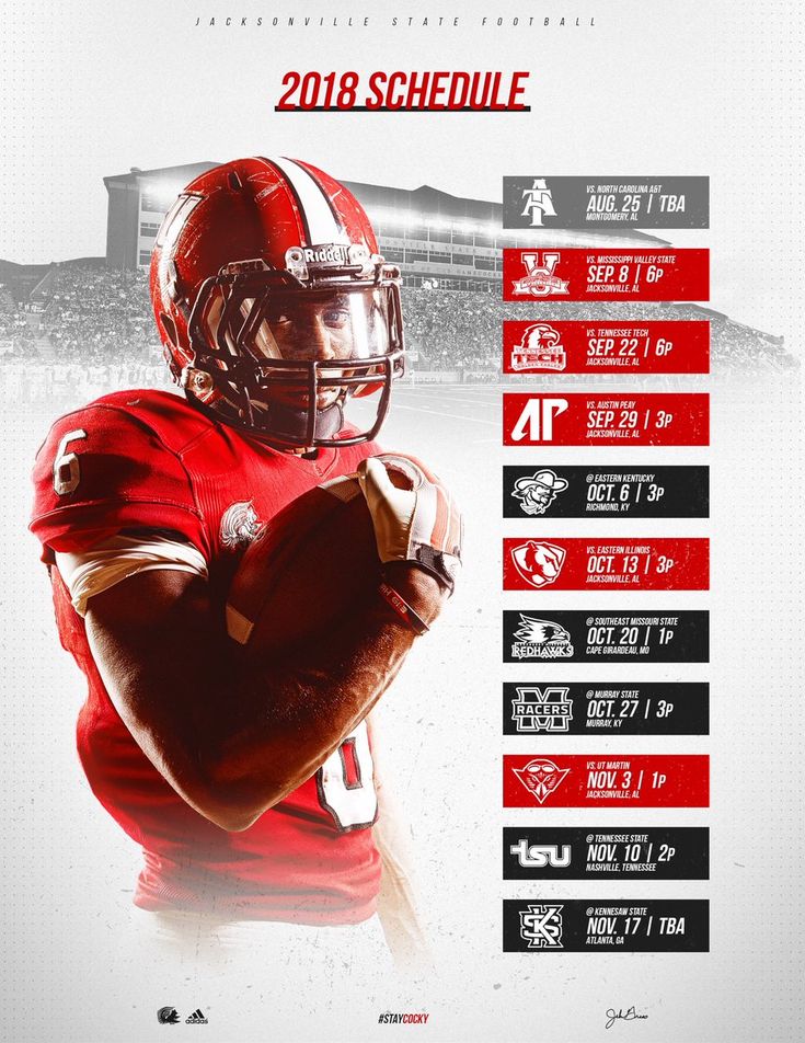 the college football schedule is shown in red and white with an image of a football player