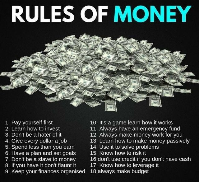 a pile of money with the words rules of money written below it in blue and black