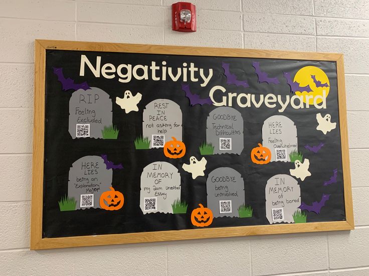 a bulletin board with halloween decorations and writing on it that says negattivty groveyard