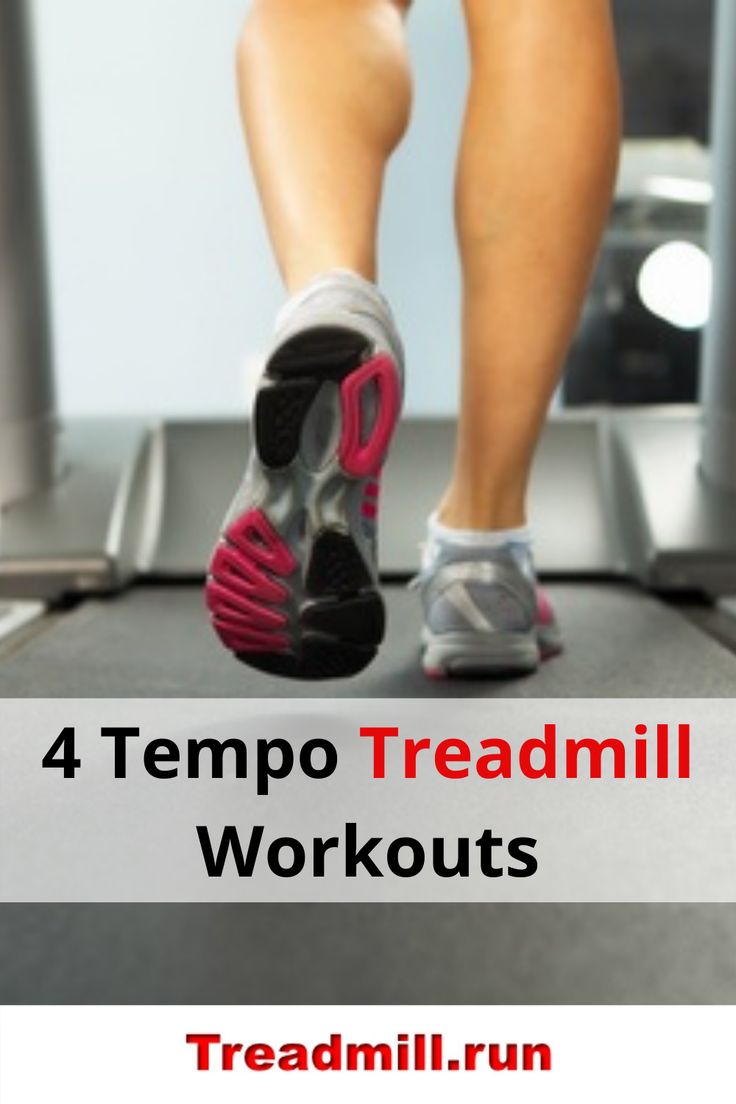 a woman running on a treadmill with the words 4 tempo treadmill workouts