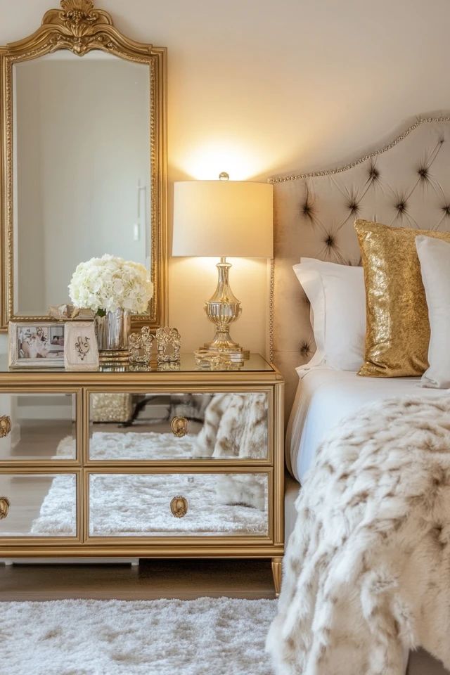 a gold and white bedroom with a large mirror on the dresser next to the bed