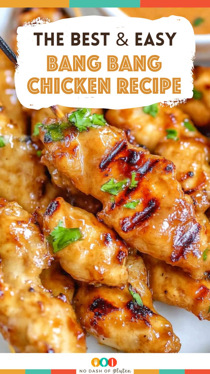 the best and easy bang bang chicken recipe on a white plate with text overlay