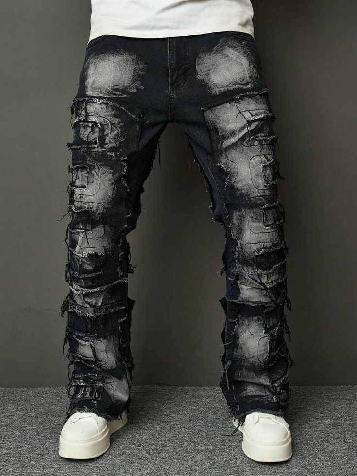 Manfinity EMRG Men Fashionable Vintage Distressed Ripped Jeans | SHEIN UK Edgy Outfits Boys, Jeans And Jordans, Long Flare Jeans, Shein Clothing, Halloween Idea, Clothes Brand, Ripped Jeans Men, Character Aesthetics, Denim Jeans Men