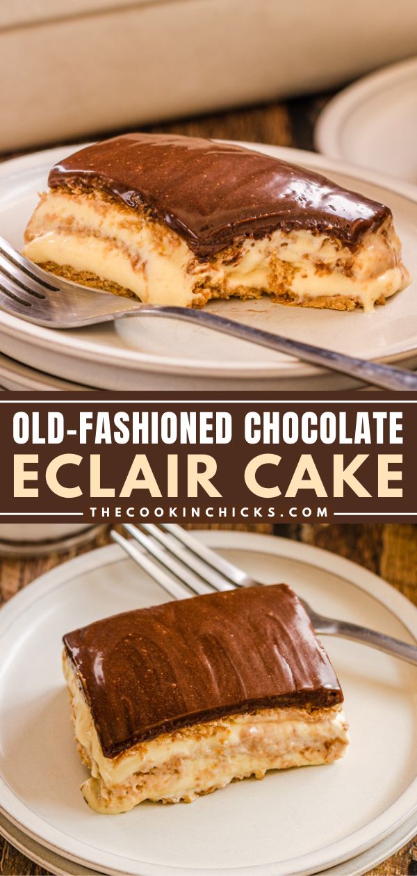 This Old-Fashioned Chocolate Eclair Cake is a no bake sweet treat everyone will enjoy! Layers of honey graham crackers, creamy Vanilla pudding, whipped topping, and chocolate frosting combine into a dessert perfect for any occasion! Chocolate Eclair Refrigerator Cake, Eclair Cake From Scratch, Eclair Pie No Bake, Chocolate Eclair Cake With Homemade Frosting, Chocolate Eclair Dessert Recipe, Choc Eclair Cake, Eclair Pudding Dessert, Eclair Dessert No Bake, Graham Cracker And Pudding Dessert