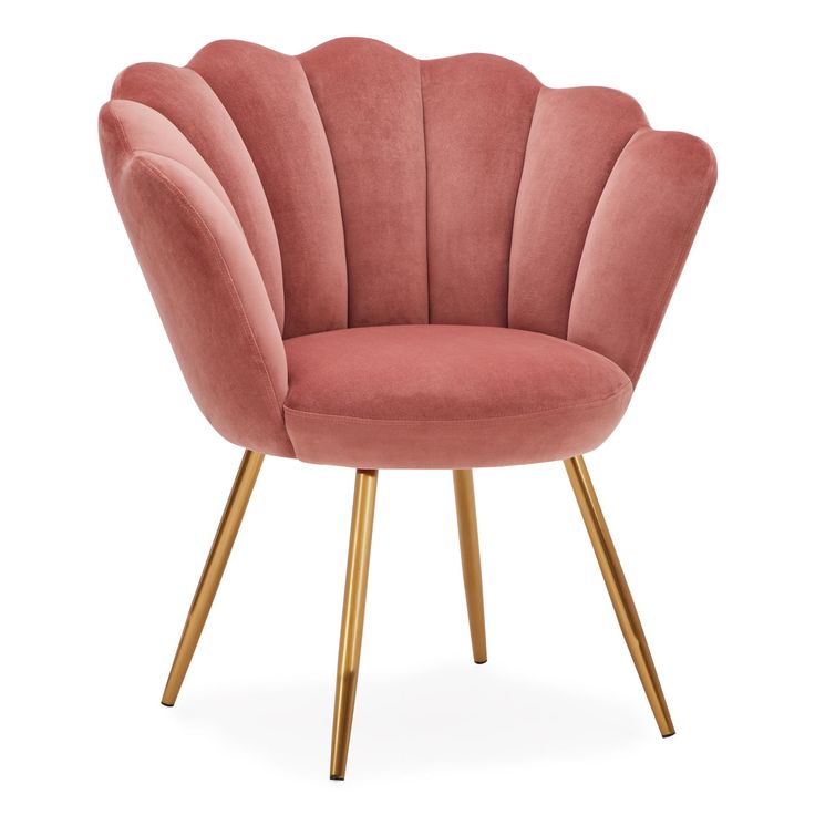 a pink chair with gold legs on a white background