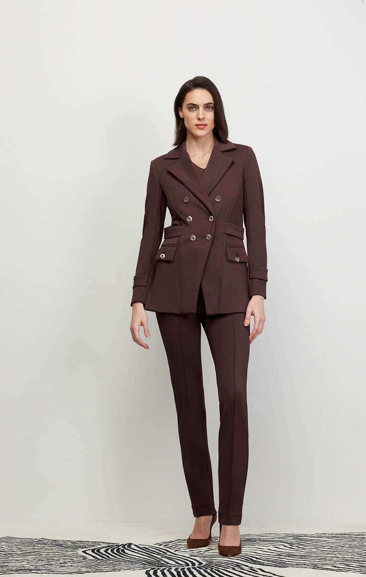 Warm up to fall in a textured Italian twill cutaway double-breasted jacket in luxe chocolate brown, featuring smooth Italian ponte trims and shiny nickel buttons for timeless elegance. Luxury Jacket, Twill Jacket, Double Breasted Jacket, Fine Fabric, Fall Collections, Spring Collection, Chocolate Brown, Summer Collection, Shoulder Pads