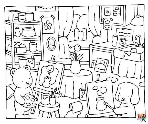 a coloring page for children with teddy bears in the room and pictures on the wall