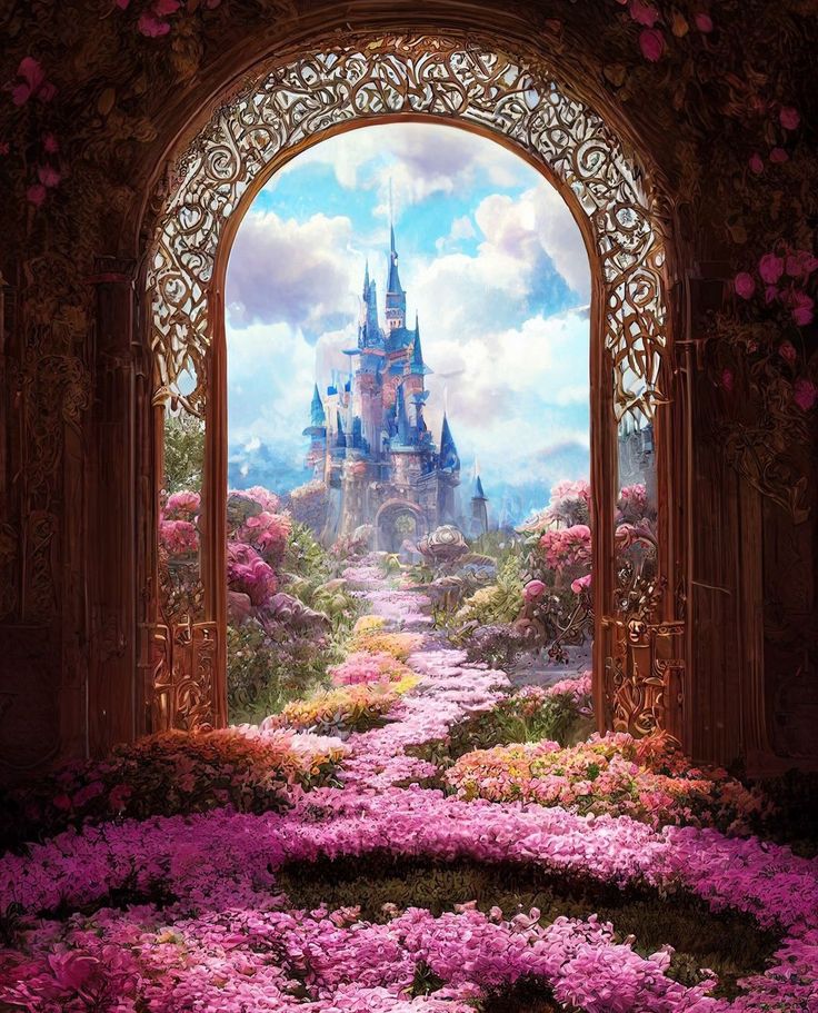 the castle is surrounded by pink flowers in front of an arched doorway that leads to a walkway