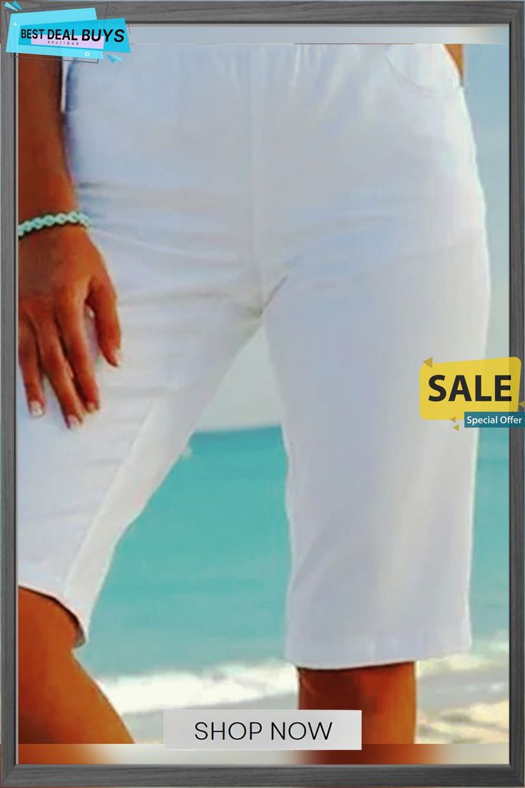 Plain Plus Size Casual Shorts Summer Beach Capris, Solid Bermuda Bottoms For Beach Season, Summer Capris With Built-in Shorts, White Bermuda Bottoms For Beach Season, White Bermuda Pants For Summer, Short Leg Pants For Beach, Solid Color Short Leg Beach Pants, Summer Beach Capris With Pockets, Stretch Capris For Summer Beach