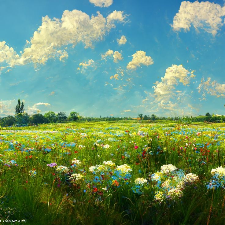 a field full of colorful flowers under a blue sky with clouds in the back ground