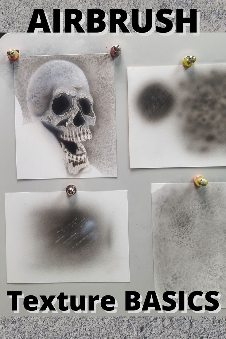 four different pictures with the words airbrush texture basics on them and an image of a skull