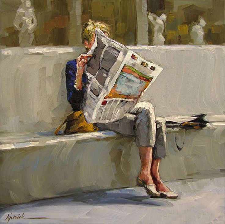 a painting of a woman sitting on a bench reading a newspaper