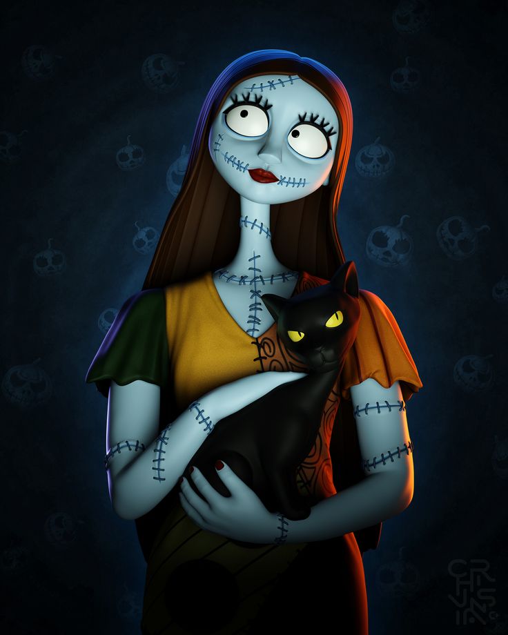 a woman holding a cat in her arms with skulls on the wall behind her,