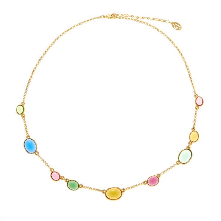 Step into a kaleidoscope of style with our Holly Necklace! Adorned with vibrant multi-colored Czech glass stones on a lustrous 24K gold-plated chain, it's the epitome of playful sophistication. Elevate any outfit and make a bold statement that's uniquely you. This necklace features a simple lobster claw clasp. All jewelry is handcrafted and made to order in our New York City design studio. Please allow 7-14 business days for production from the order date. Measurements: 20" L with 2" extension Beachy Necklace, Spring And Summer Outfits, Hair Accessories Pins, Lori Harvey, Brooke Shields, Royal Jewelry, City Design, Classic Gold, Hair Ornaments