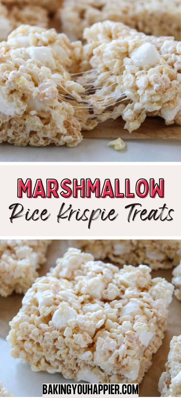 marshmallow rice krispy treats on a white plate with text overlay that reads, marshmallow rice crispie treats