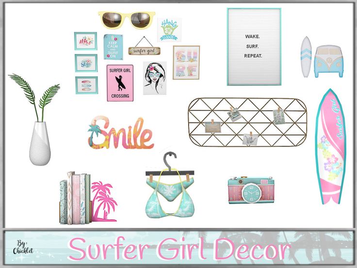 the surf girl decor is displayed in front of a white background with pink and blue accents