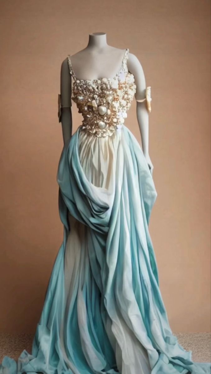 Sea Fantasy Outfit, Ocean Themed Ballgown, Acotar Mermaid, Acotar Summer Court Dress, Summer Court Fashion Acotar, Dresses That Look Like Water, Dress Inspired By Water, Summer Court Acotar Outfits, Mermaid Queen Dress