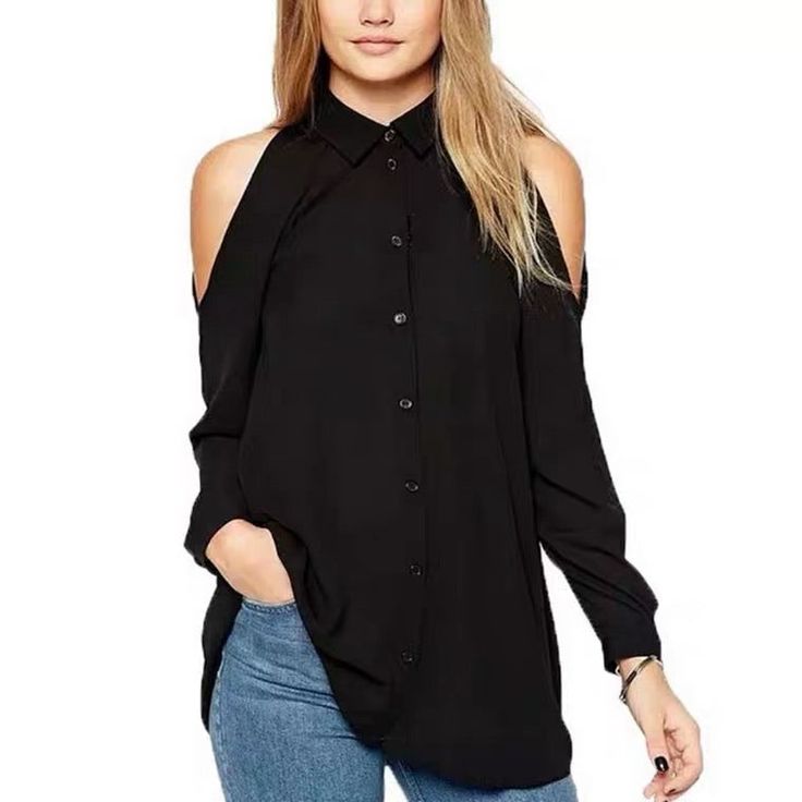 This oversized blouse can be dressed up with the perfect accessory or dressed down for a casual day PRODUCT DETAILS Runs true to size Long Chiffon Blouse, Black Chiffon Blouse, Chiffon Blouses, Cold Shoulder Shirt, Off Shoulder Fashion, Ladies Tops, Womens Clothes, Chiffon Long Sleeve, Plus Size Kleidung